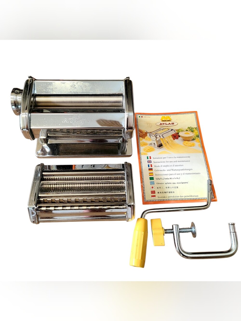 Marcato Atlas 150 Stainless Steel Italian Pasta Maker w Cutter & Attachments